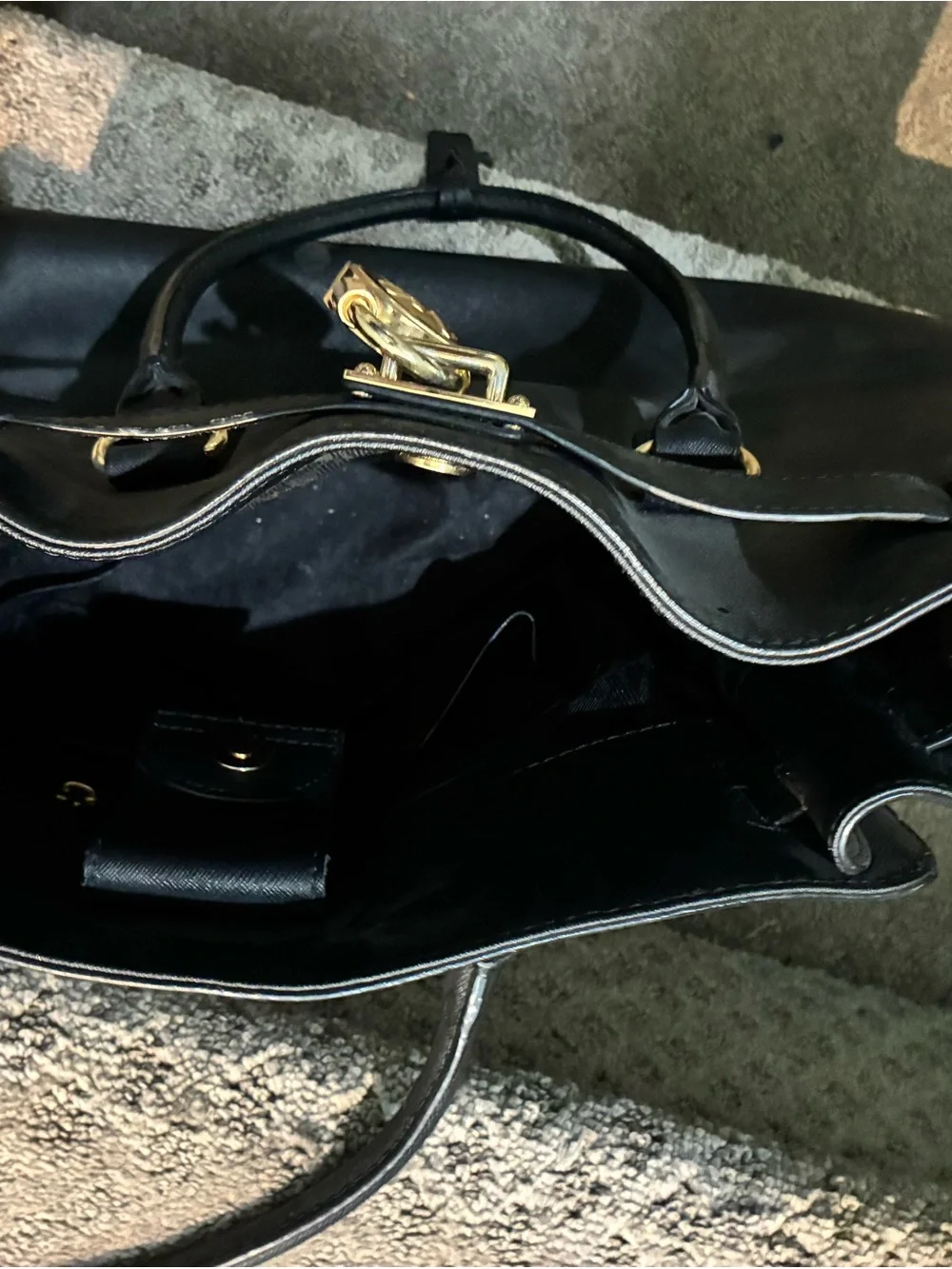 Michael Kors Black Leather Saffiano Satchel with Gold Hardware and Chain Strap